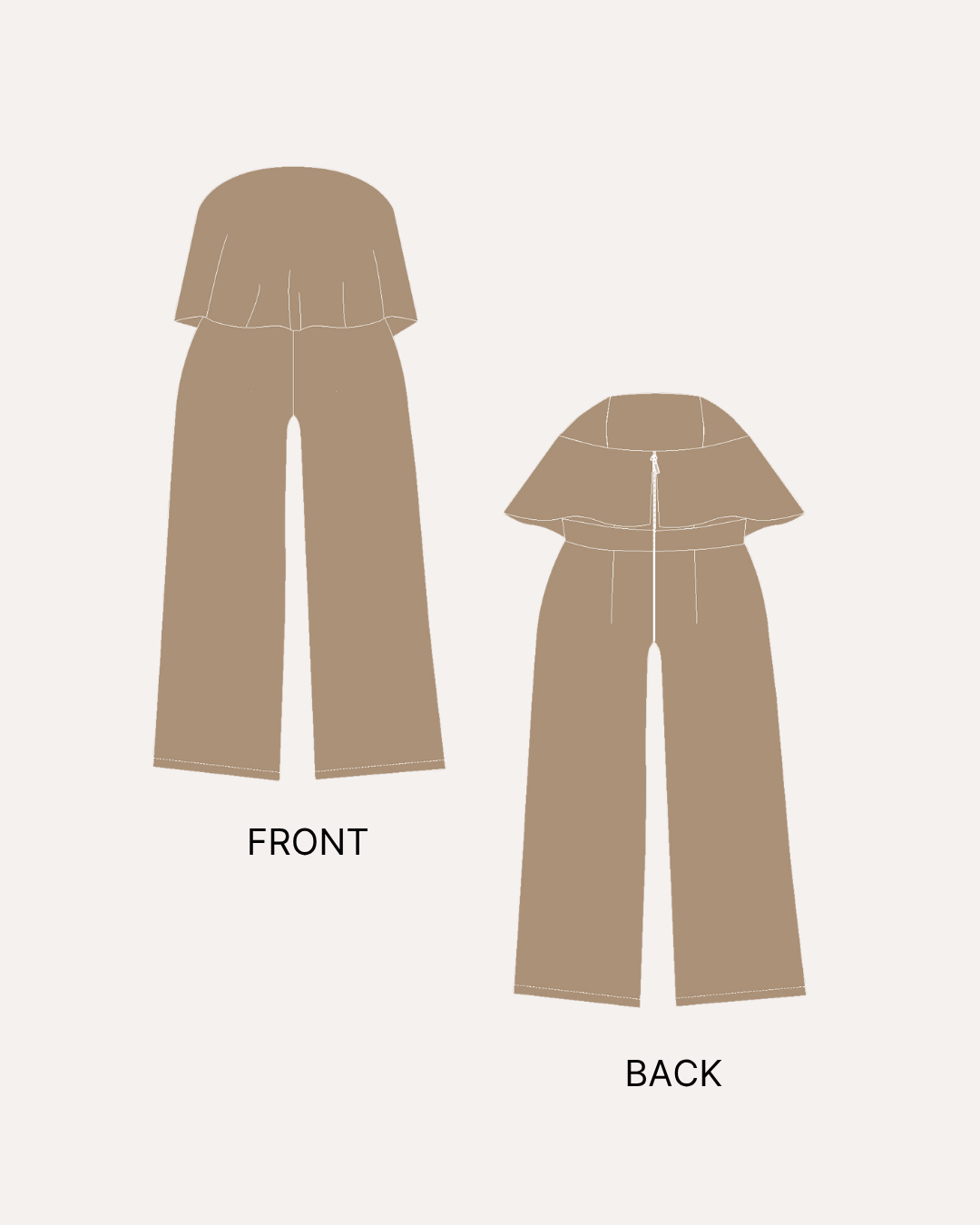 front and back view of tan wide-leg jumpsuit sewing pattern