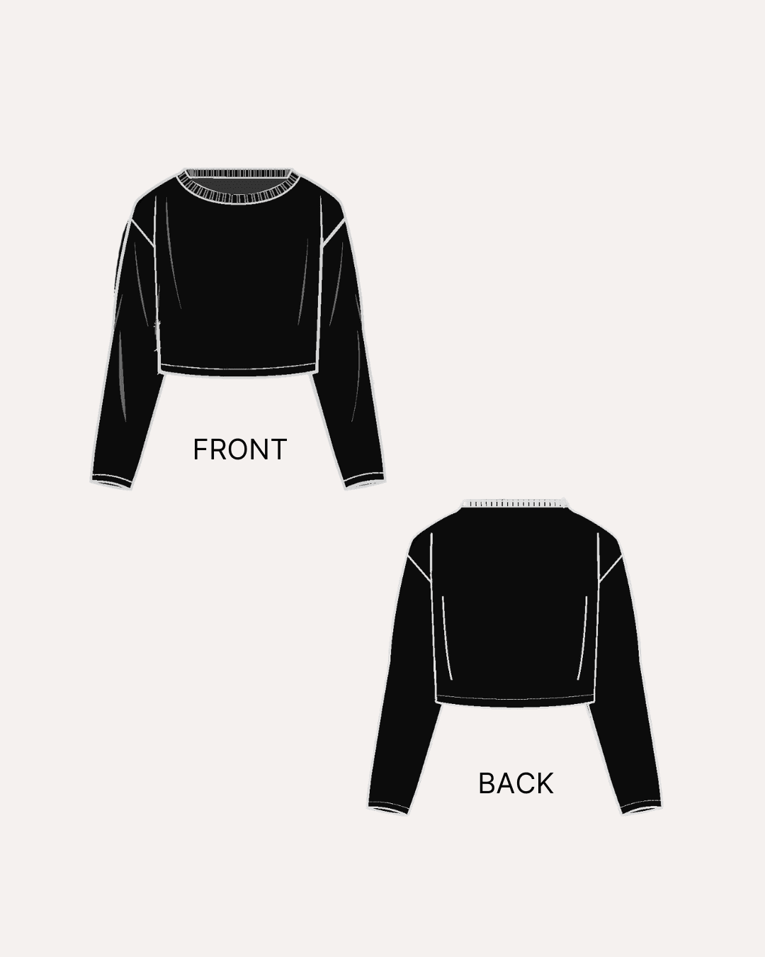Illustration of front and back views of a black sweatshirt with seam details