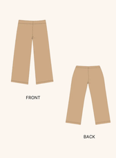 Technical illustration of pull-on pants sewing pattern, showing front and back views. Includes a high-waisted design with a straight-leg cut.