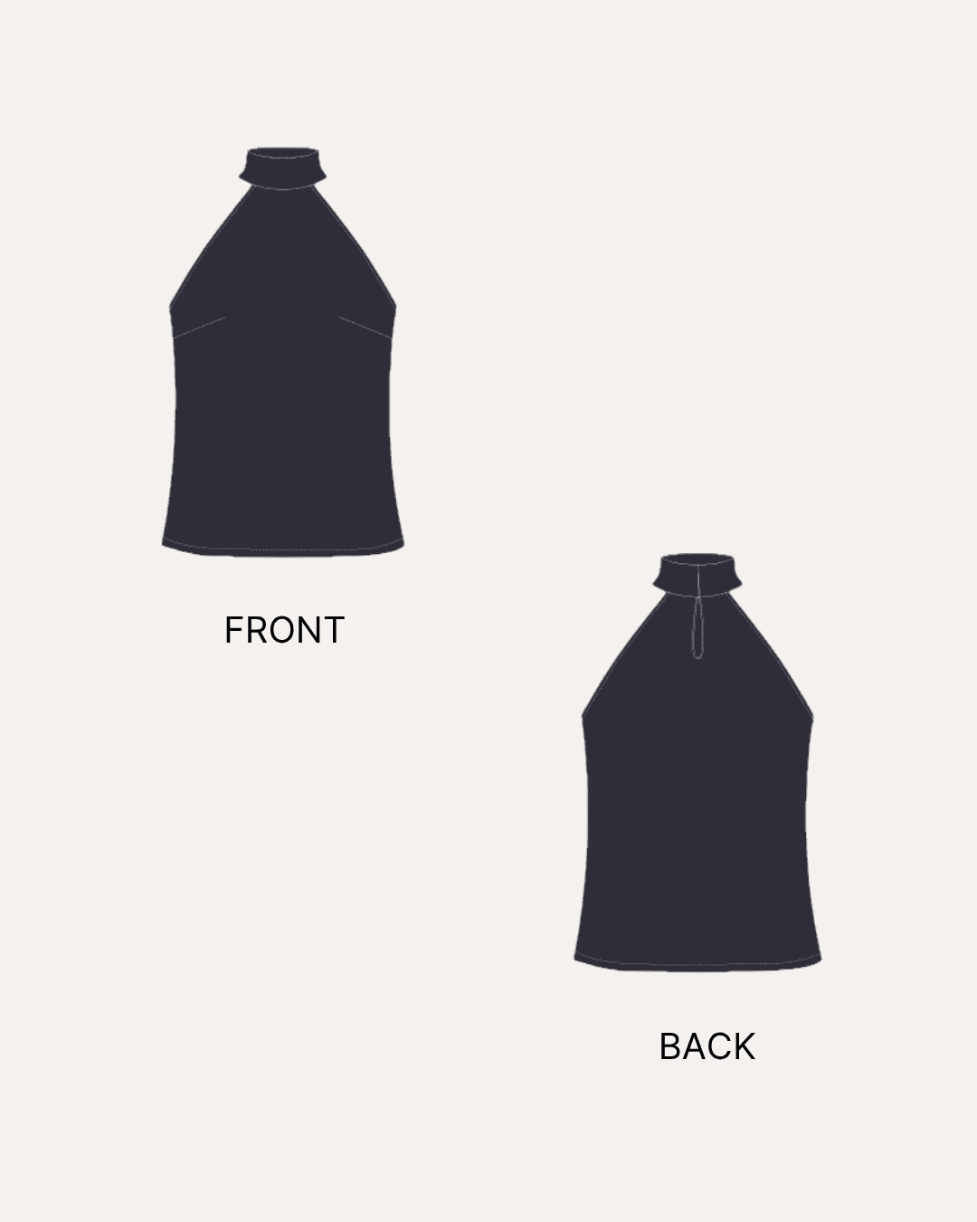 Front and back sewing pattern illustrations for 'Miley' halter top