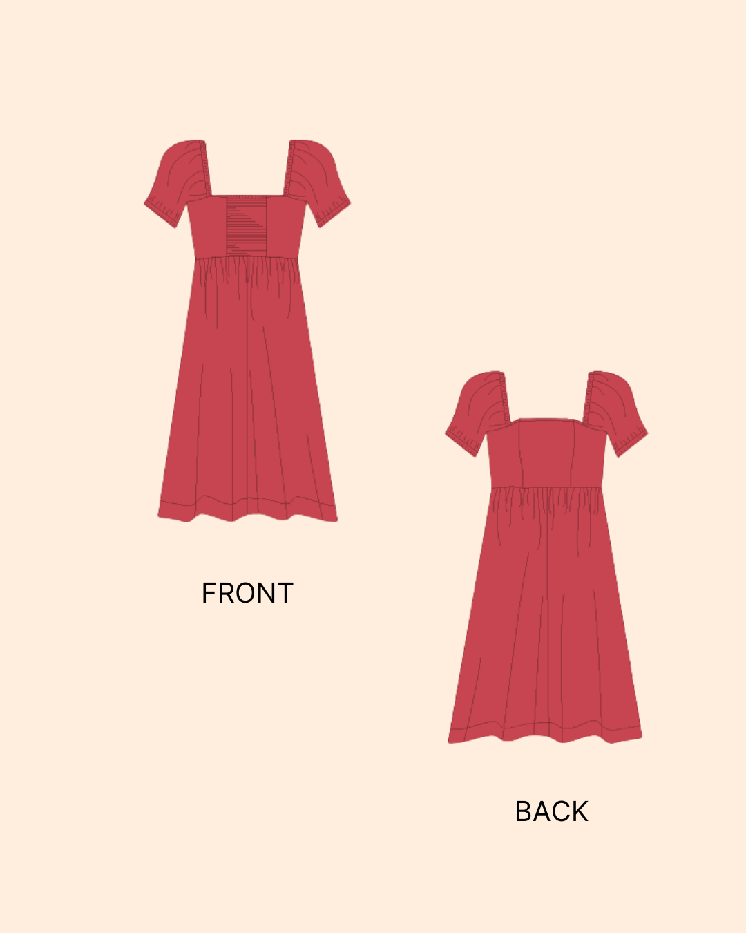 Red dress with square neckline and puff sleeves illustration