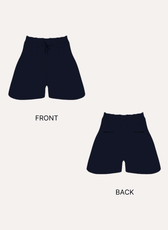Navy drawstring shorts with front and back views illustration