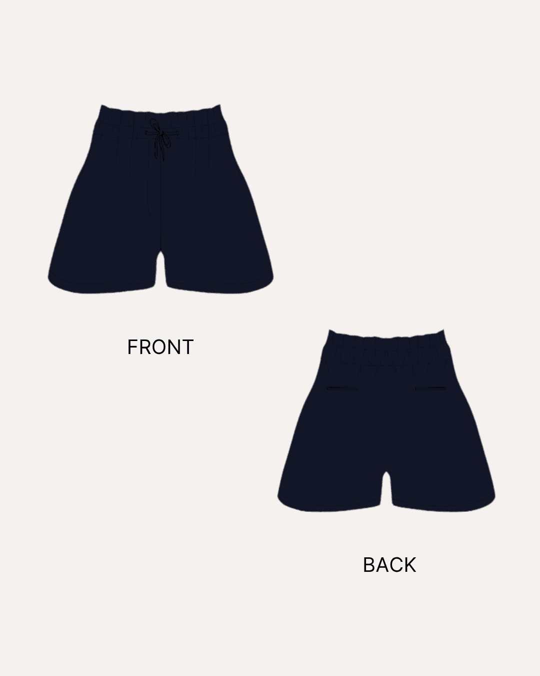 Navy drawstring shorts with front and back views illustration