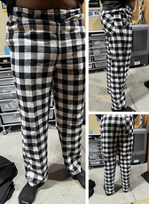 Customer Testimonial - Black and white checkered pajama pants with elastic waistband, front view
