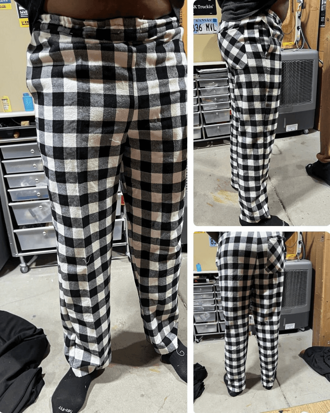 Customer Testimonial - Black and white checkered pajama pants with elastic waistband, front view