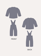 Doll sewing pattern front and back illustrations for 'Brooke' doll outfit