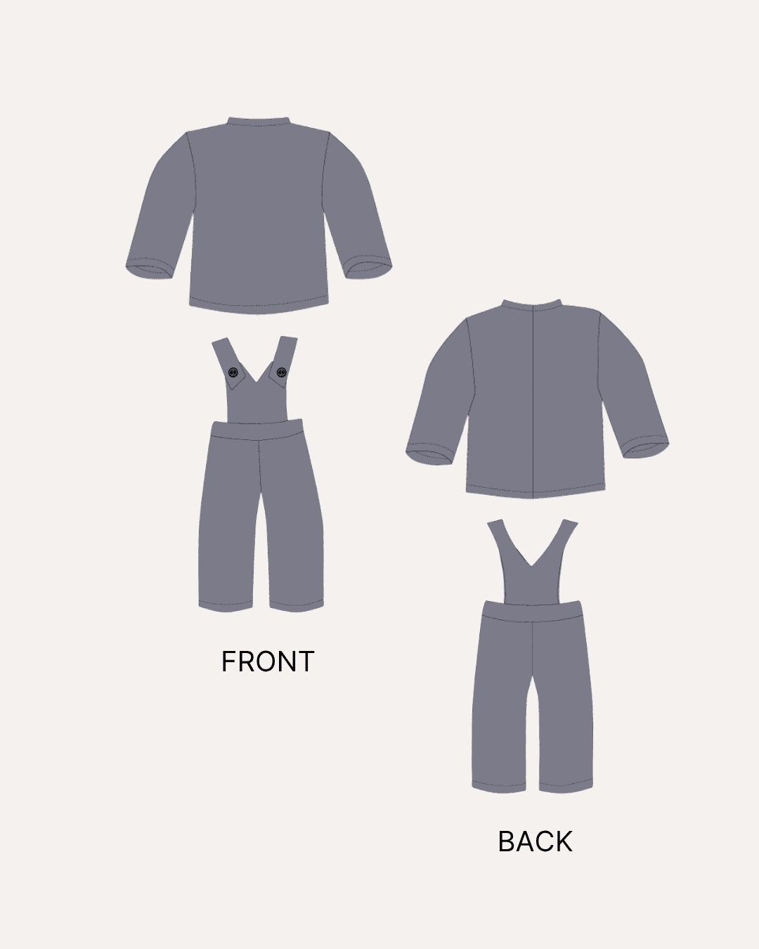 Doll sewing pattern front and back illustrations for 'Brooke' doll outfit