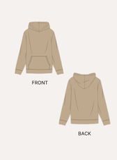 Illustration of men's hoodie sewing pattern with front and back views in beige fabric