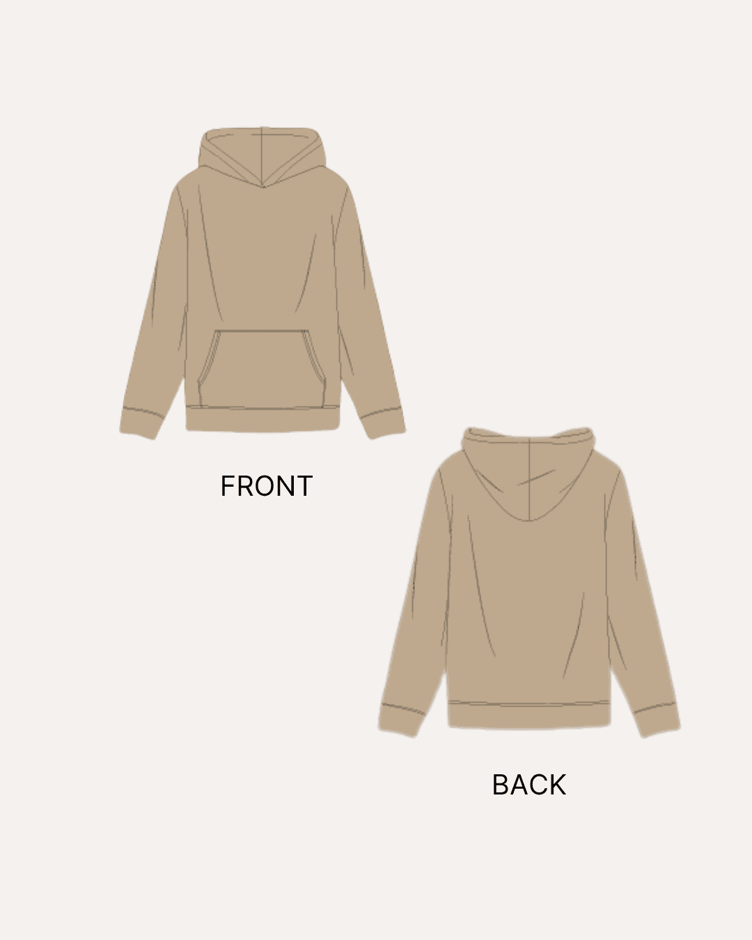 Illustration of men's hoodie sewing pattern with front and back views in beige fabric
