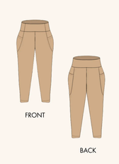 Technical illustration of Layla running leggings sewing pattern. Shows front and back views with high-waisted design and side pockets.