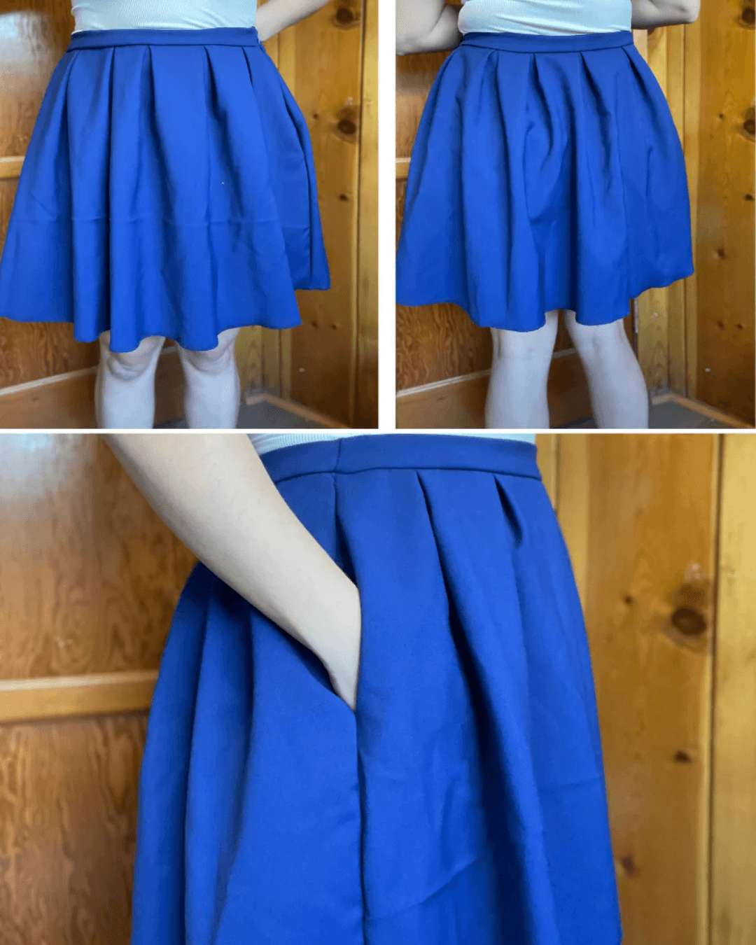 Blue structured box pleats skirt worn by a model outdoors, showcasing pleated design