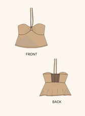 Technical illustration of the 'Alice' halter top sewing pattern, showing front and back views. Includes smocked detailing and halter straps.