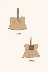 Technical illustration of the 'Alice' halter top sewing pattern, showing front and back views. Includes smocked detailing and halter straps.