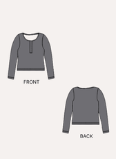 Technical illustration of women's Henley shirt sewing pattern with front and back views