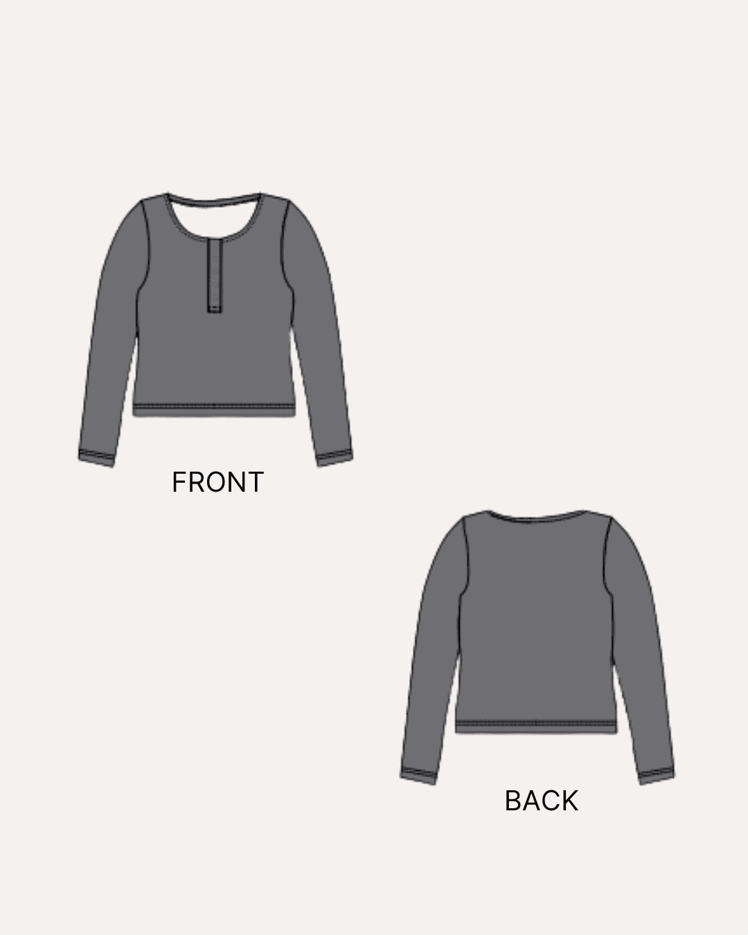 Technical illustration of women's Henley shirt sewing pattern with front and back views