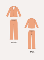 Illustration of women's pajama top and pants sewing pattern with front and back views