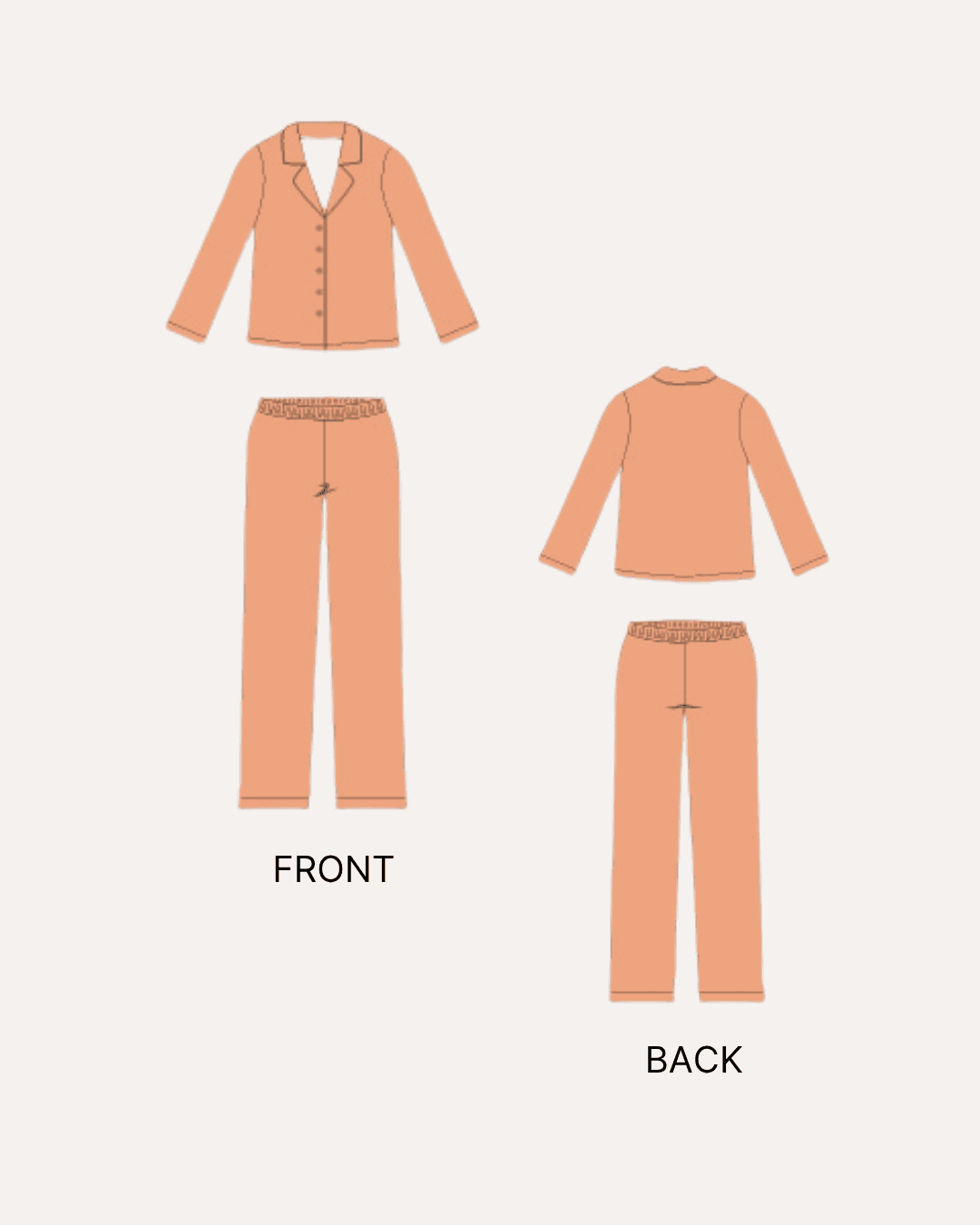 Illustration of women's pajama top and pants sewing pattern with front and back views