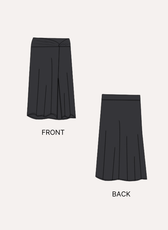 Illustration of front and back views of black pleated midi skirt sewing pattern