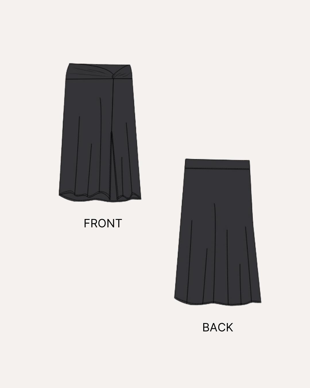 Illustration of front and back views of black pleated midi skirt sewing pattern