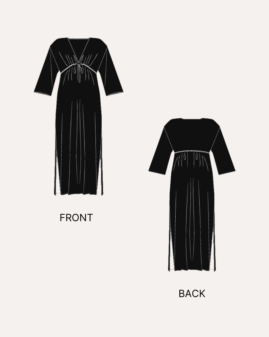 Black illustrated front and back design of the kaftan maxi dress sewing pattern with gathered waist and flowing skirt