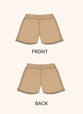 Technical illustration of the 'Maria' training shorts sewing pattern. Shows front and back views with an elastic waistband and relaxed fit.