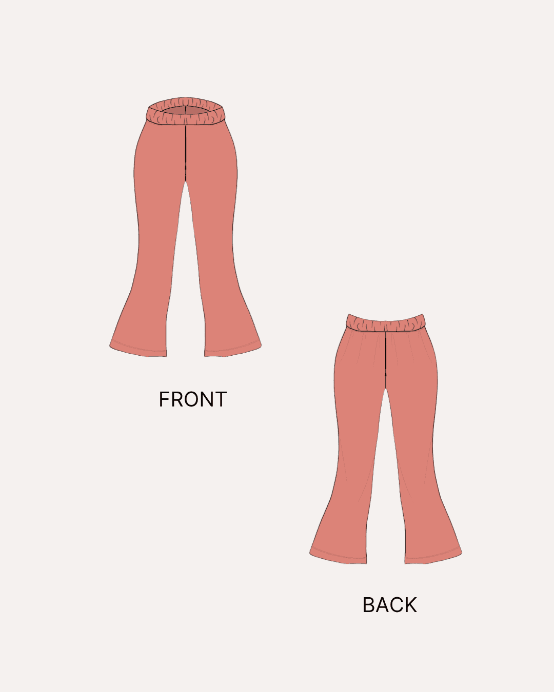 Illustration of front and back view of women's flared pants 'Brook' sewing pattern