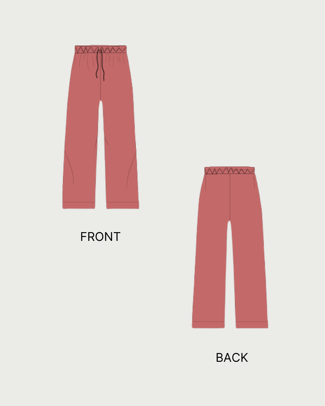 Front and back technical flat sketches of Men's Lounge Pajama Pants Sewing Pattern 'Dan' with drawstring waist and relaxed fit.