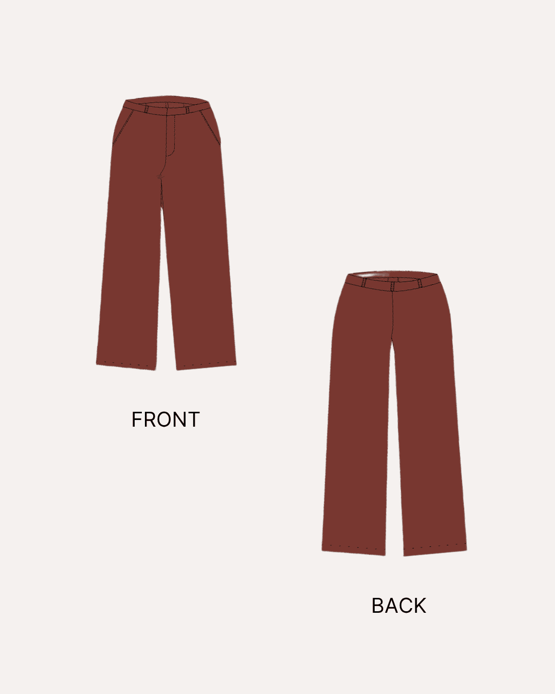Illustration of front and back view of wide leg pants sewing pattern