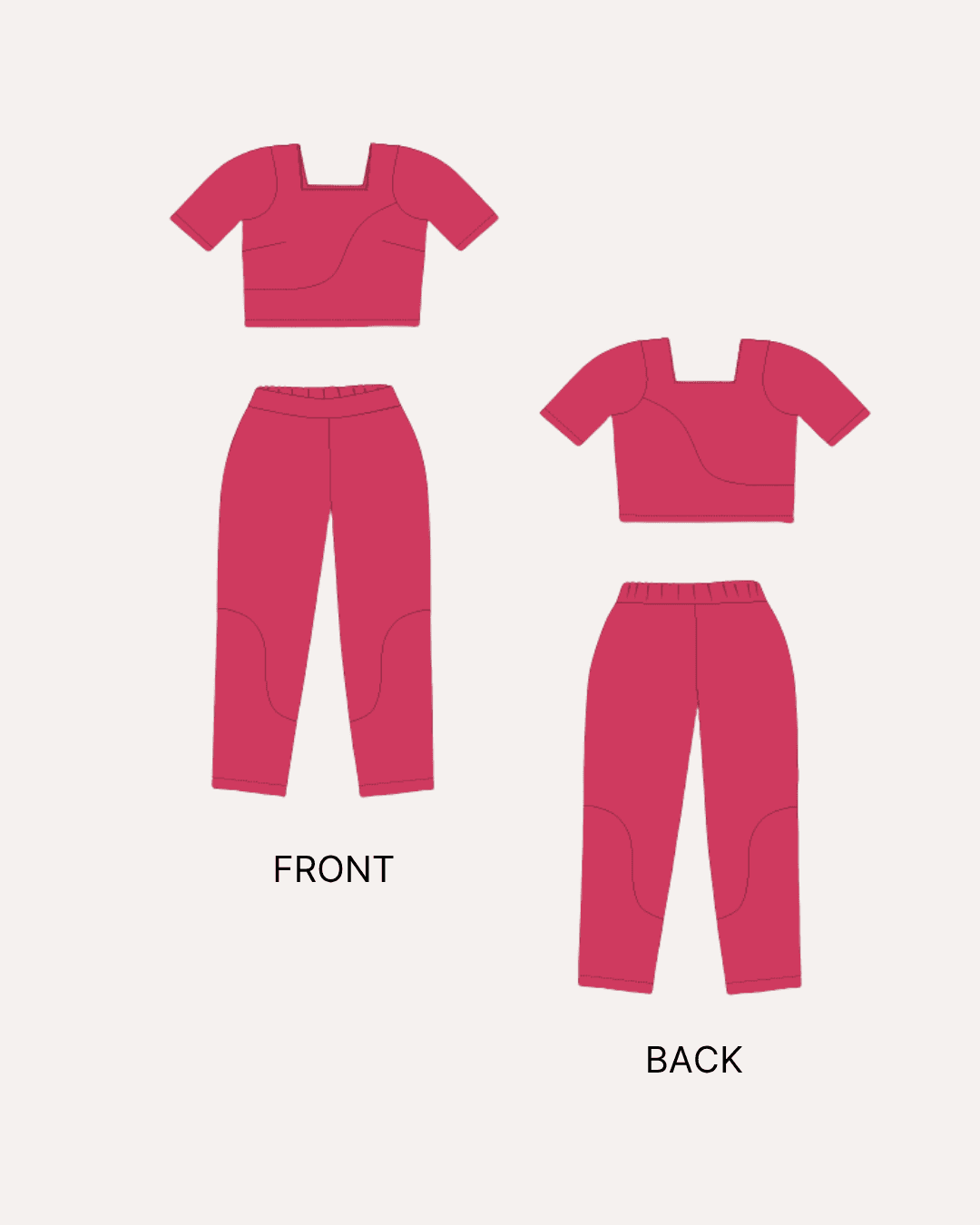 Illustration of women's matching crop top and full-length pants from sewing pattern 'Mary'
