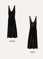 Sewing pattern illustration of a sleeveless gown with front and back views