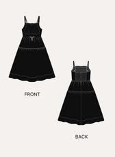 Technical sewing pattern illustration of a sleeveless sundress with front and back views, featuring tiered skirt and fitted bodice