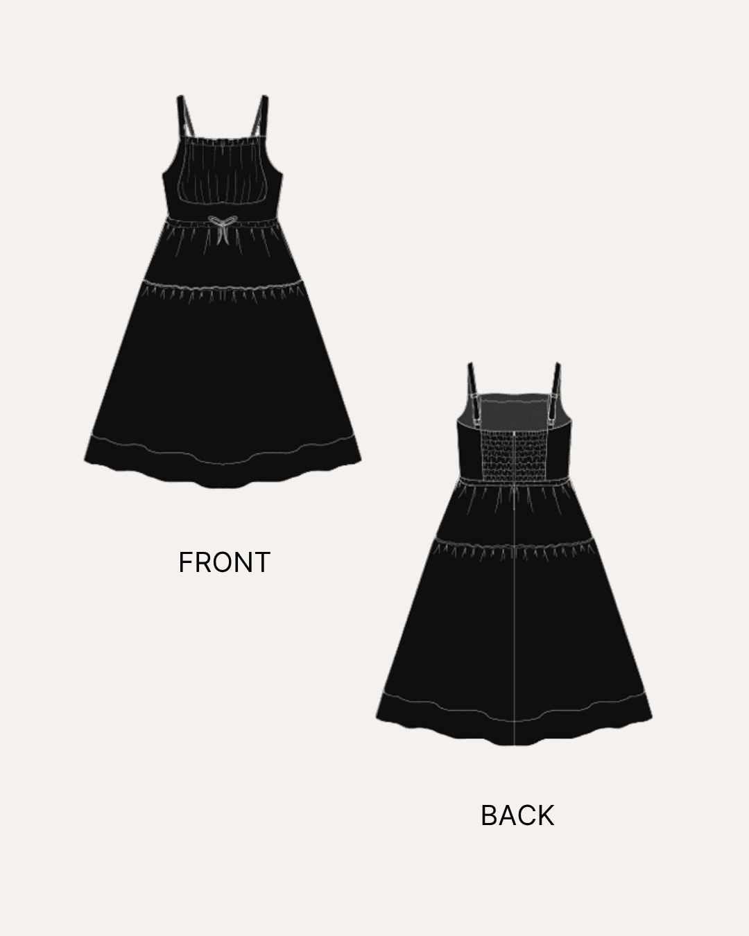 Technical sewing pattern illustration of a sleeveless sundress with front and back views, featuring tiered skirt and fitted bodice
