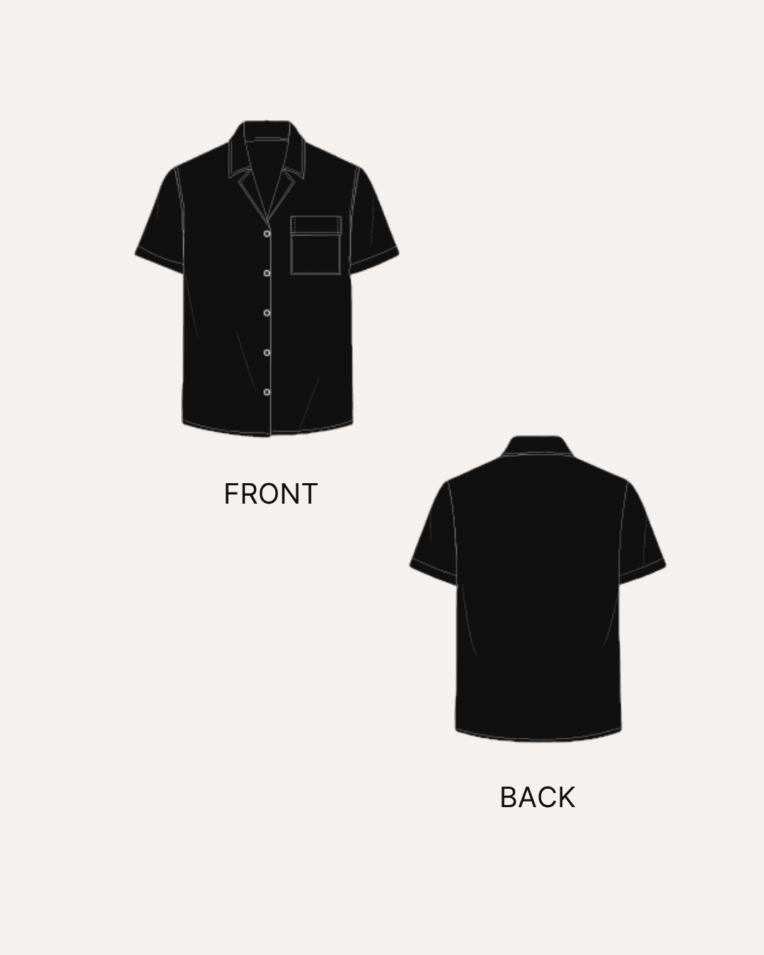 Technical illustration of front and back views of men's short sleeve shirt sewing pattern