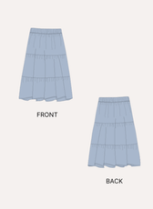 Illustration of tiered midi skirt sewing pattern with front and back views