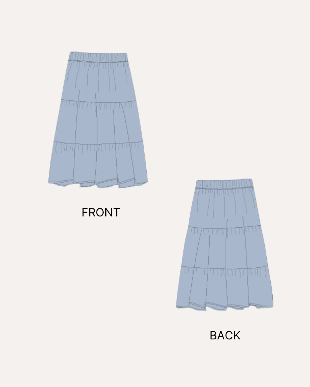 Illustration of tiered midi skirt sewing pattern with front and back views