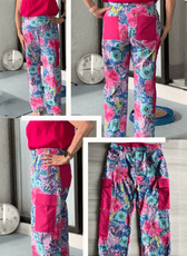 Colorful floral cargo pants sewing pattern with patch pockets