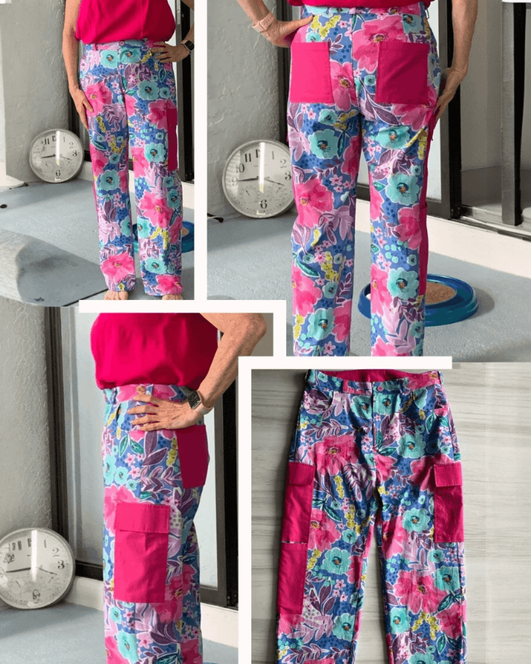 Colorful floral cargo pants sewing pattern with patch pockets
