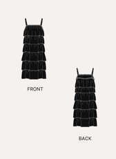 Technical drawing of tiered dress sewing pattern with front and back views