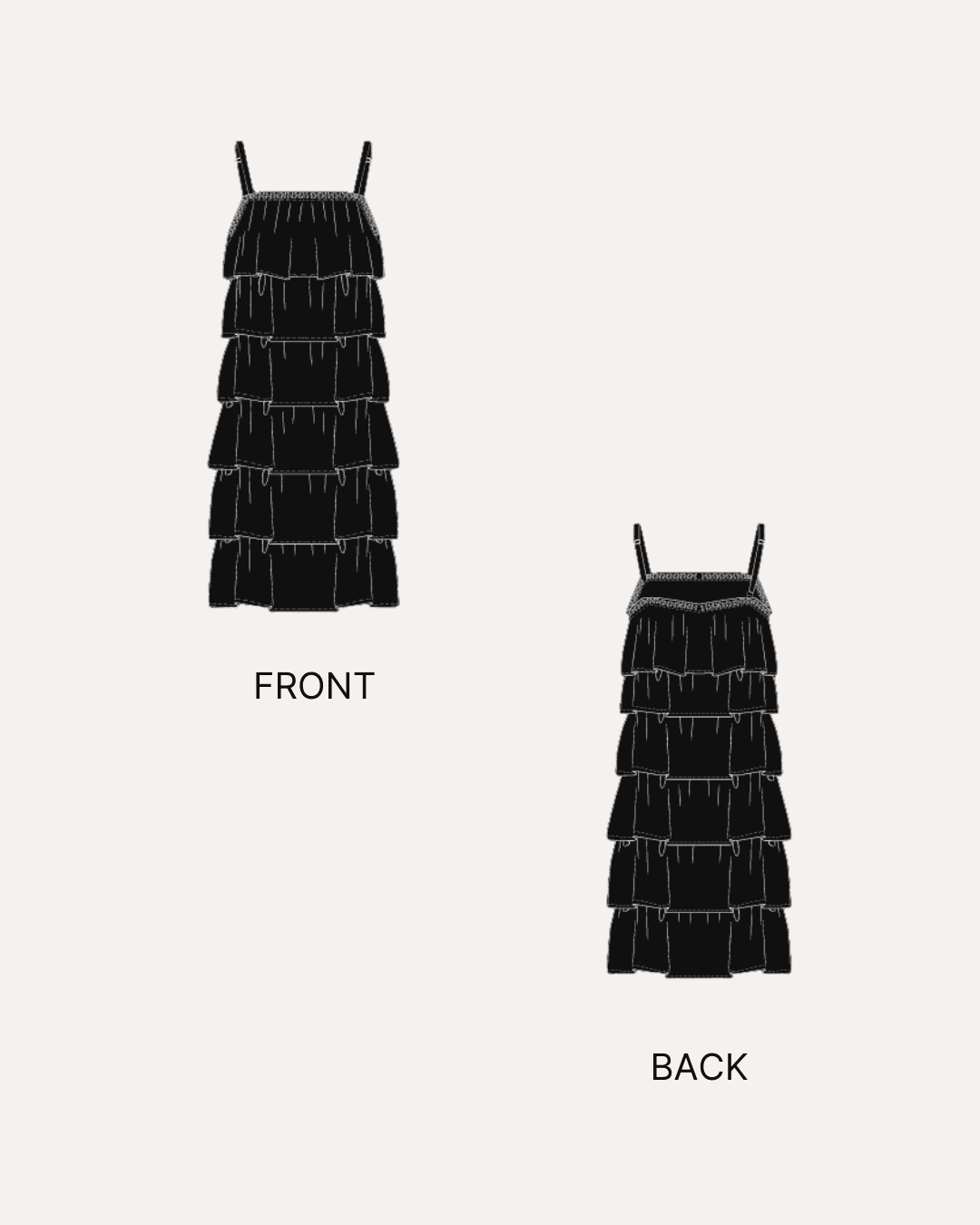 Technical drawing of tiered dress sewing pattern with front and back views