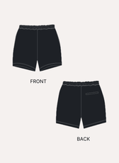 Black front and back view of men's swim shorts sewing pattern illustrations