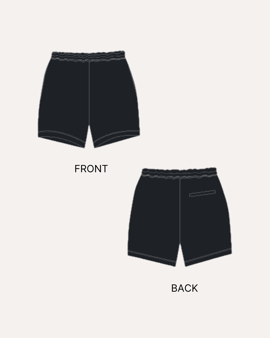 Black front and back view of men's swim shorts sewing pattern illustrations