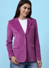 Front view of the Monroe blazer, emphasizing its structured fit and elegant detailing. A versatile sewing pattern for stylish outerwear.