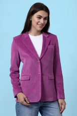 Front view of the Monroe blazer, emphasizing its structured fit and elegant detailing. A versatile sewing pattern for stylish outerwear.