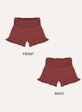 Front and back view of ruffle hem shorts sewing pattern in reddish-brown