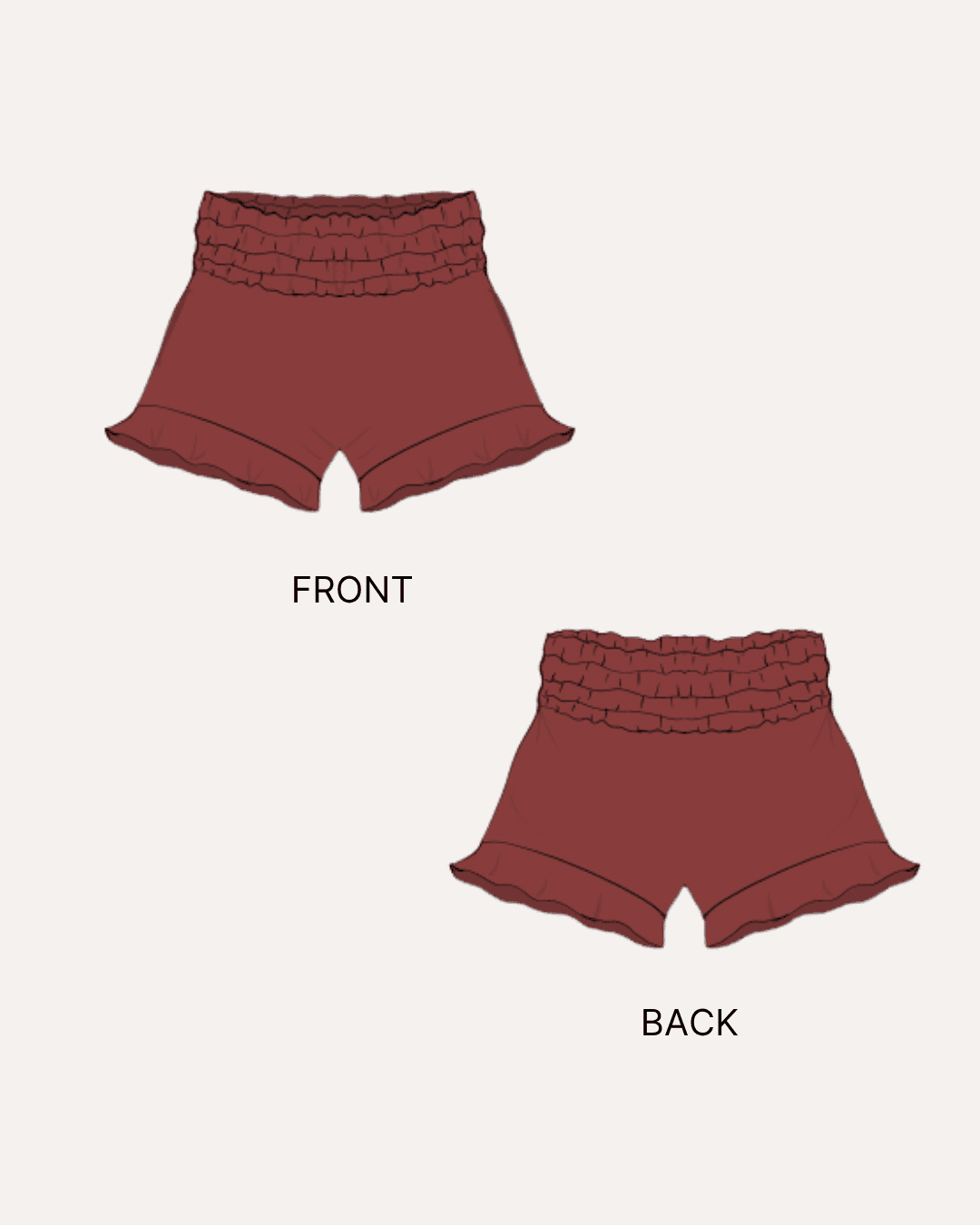 Front and back view of ruffle hem shorts sewing pattern in reddish-brown