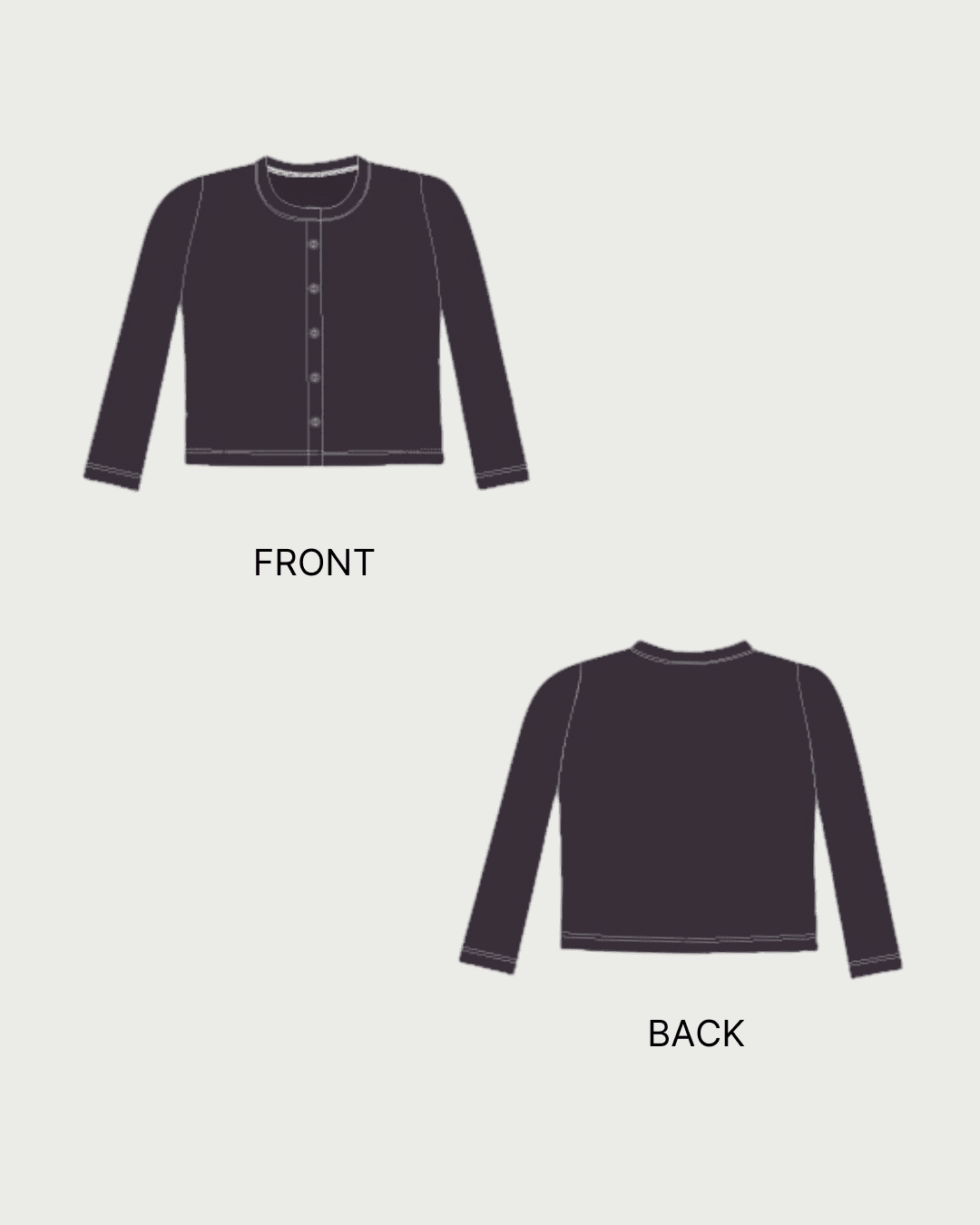 Technical flat sketch of the Liza cardigan sewing pattern showing front and back views with long sleeves, round neck, and button-down design.
