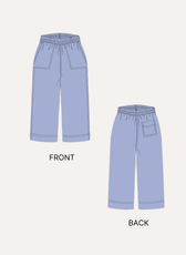 Illustration of front and back views of wide leg pants sewing pattern in light blue fabric