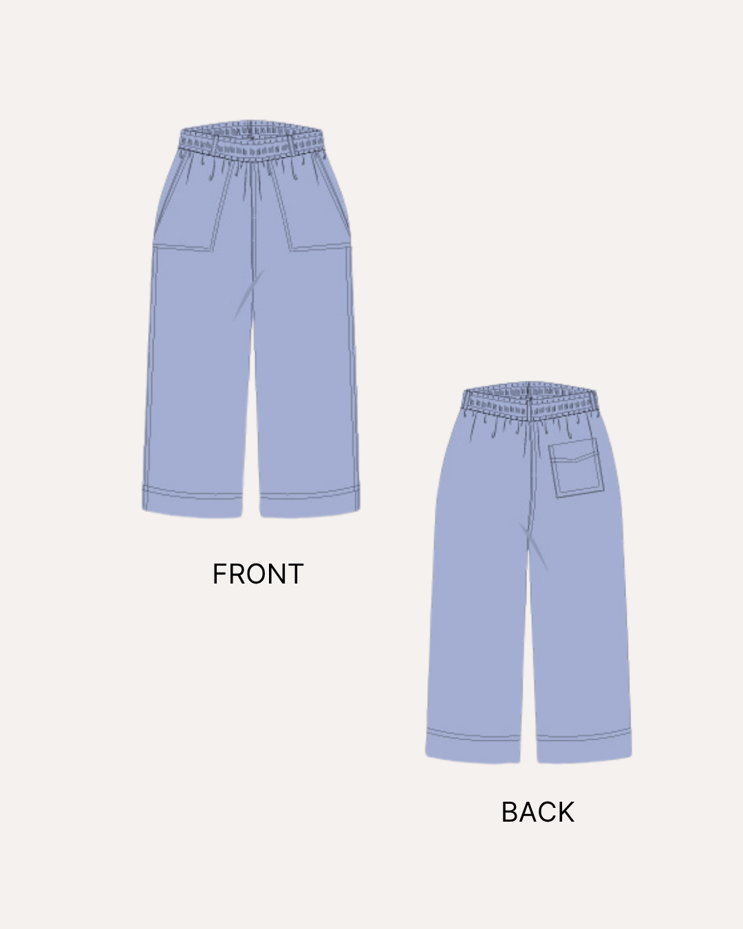 Illustration of front and back views of wide leg pants sewing pattern in light blue fabric
