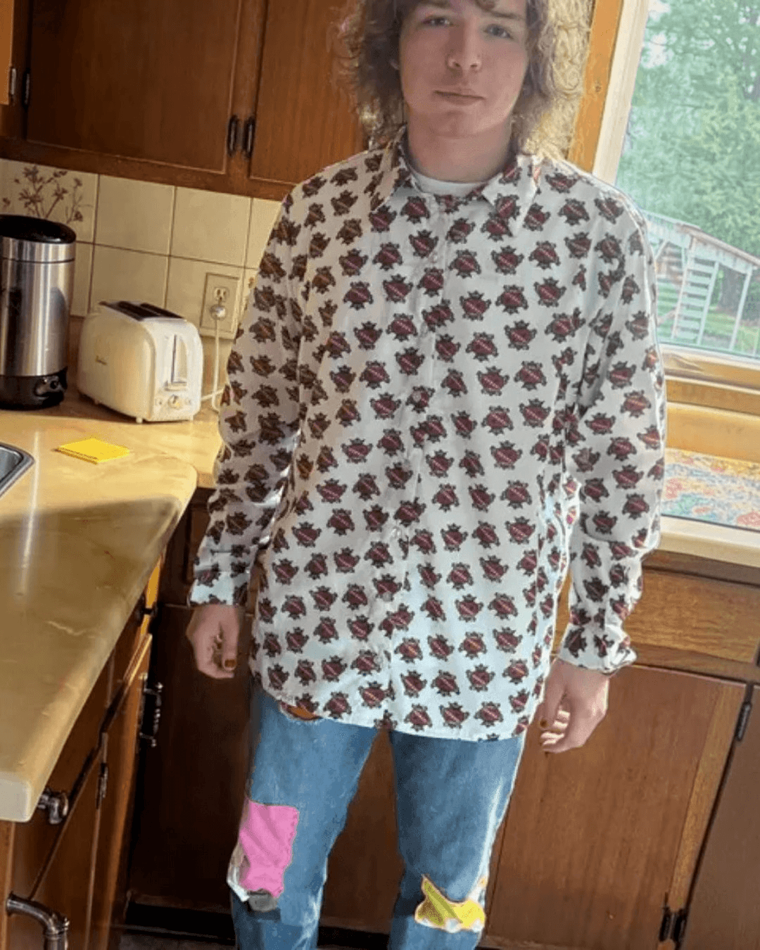 Men's casual floral print shirt sewing pattern with long sleeves and relaxed fit