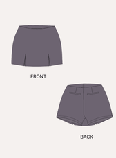 Front and back views of gray shorts with side slits for sewing pattern